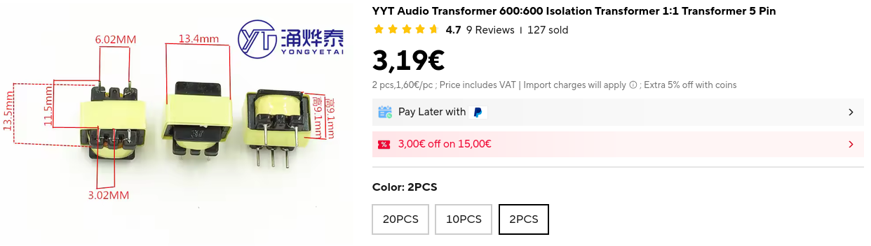 Here should be an image of a 'AliExpress Listing for Generic XLR Transformers'