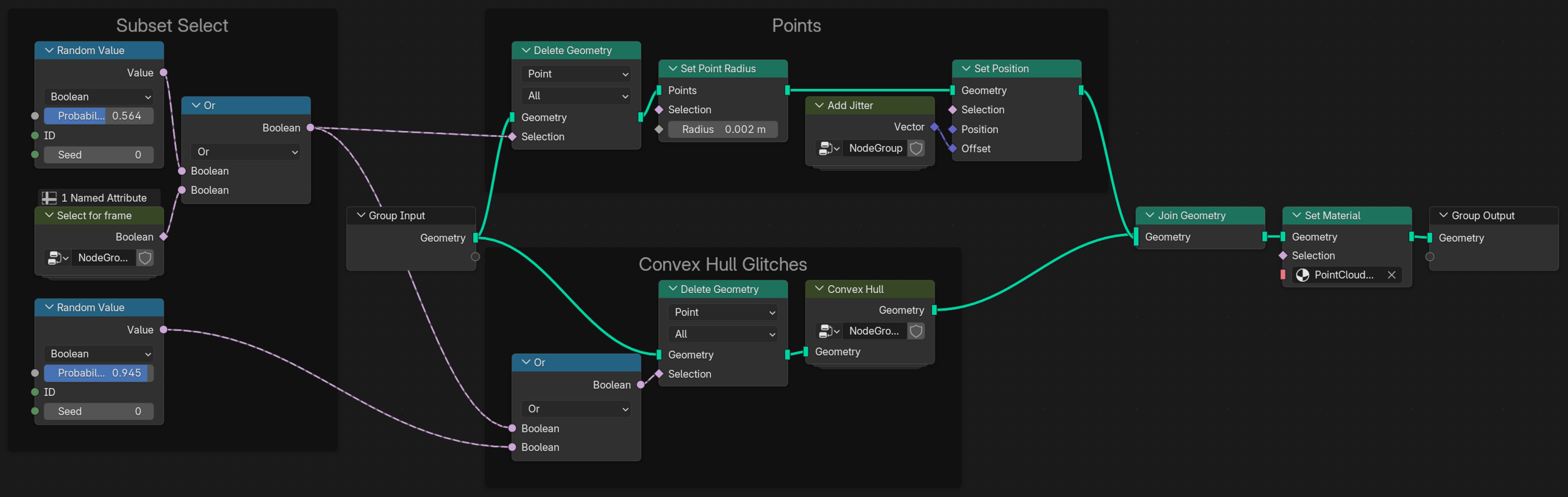 Screenshot of Blender with geometry node setup